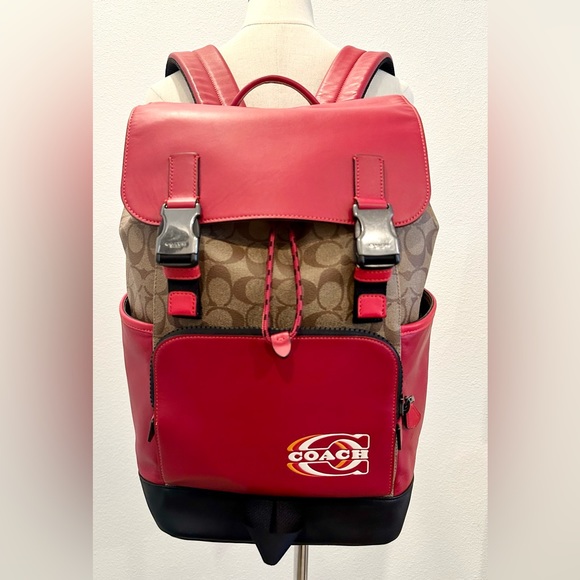 COACH TRACK COLORBLOCK SIGNATURE KHAKI CANVAS RED LEATHER LOGO STAMP BACKPACK - Picture 2 of 13